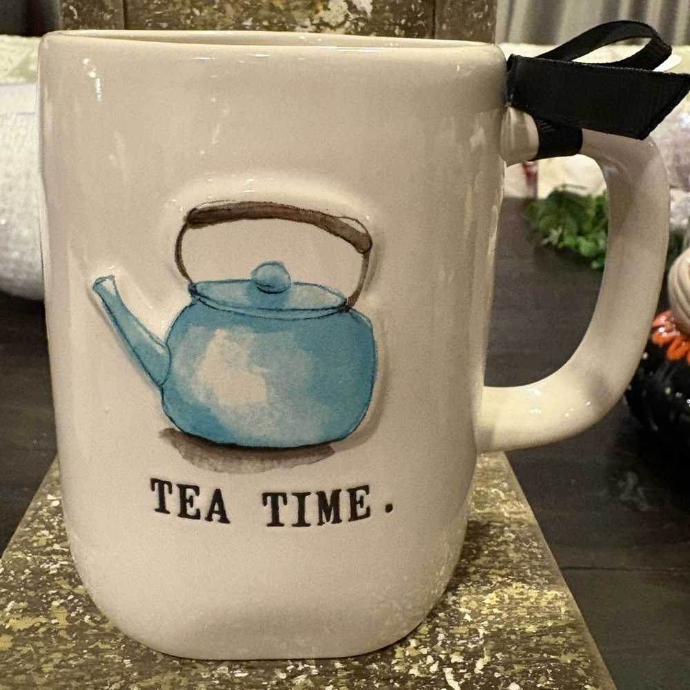 Rae Dunn White Mug with Blue Teapot Motif